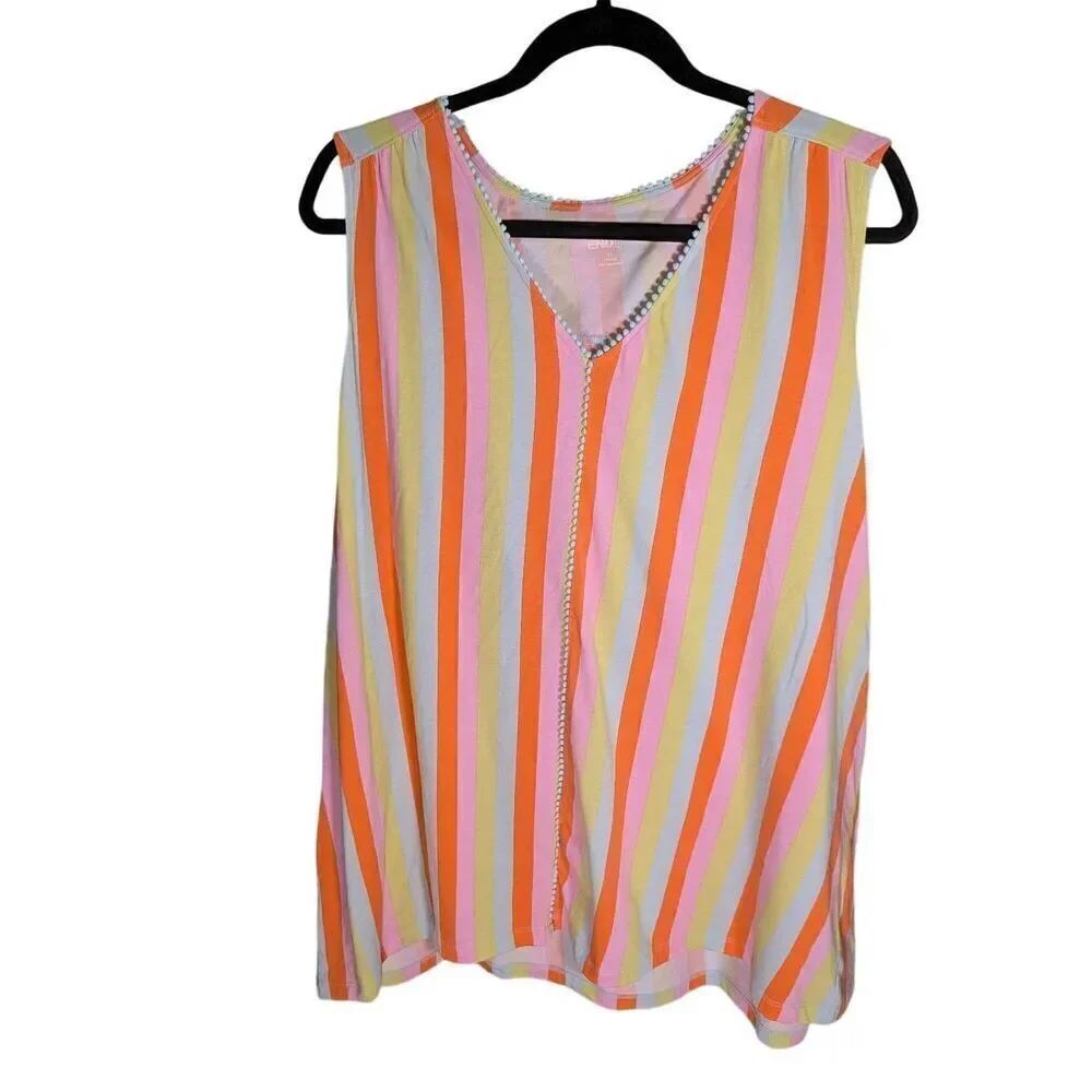 Lands' End Light Weight Trimmed Tank Top, Papaya Orange Multi Stripes Women's 2X